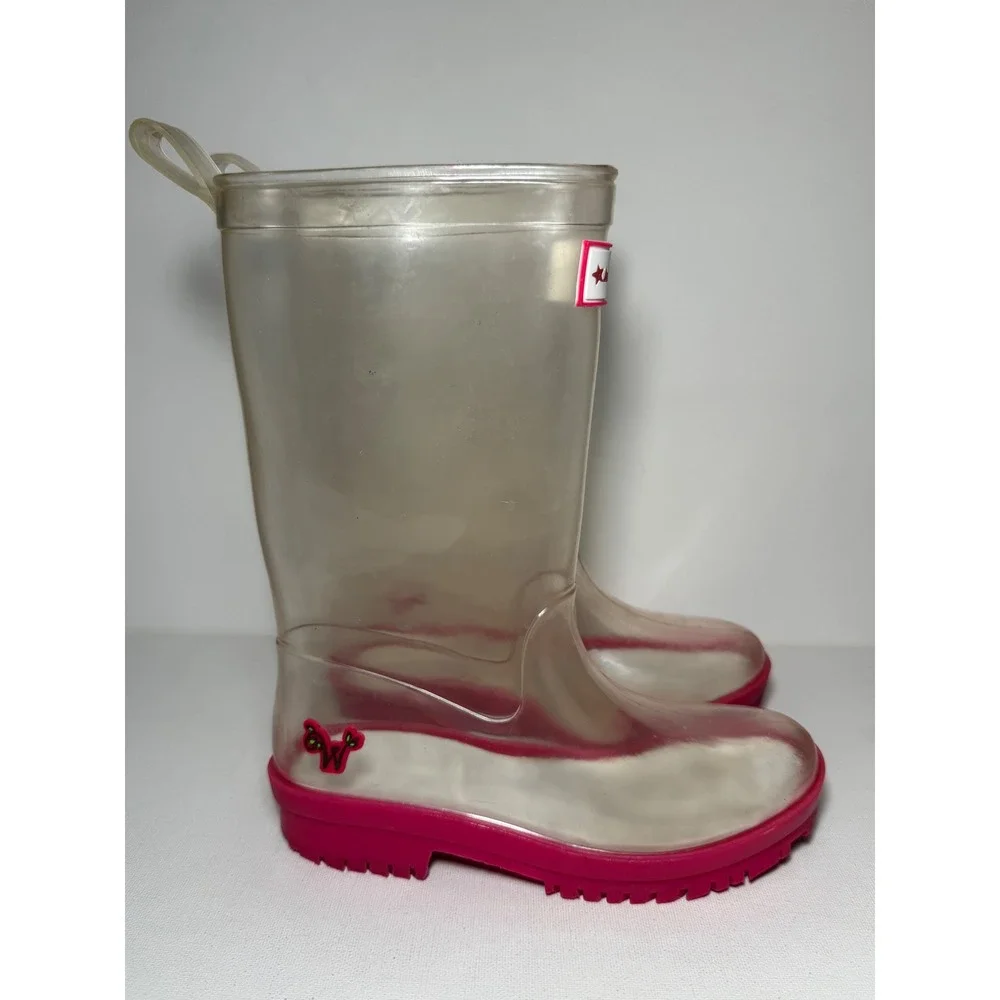 American Girl Wellie Wishers Willa Clear and Pink Rain Boots Girls Sz 12 EUC